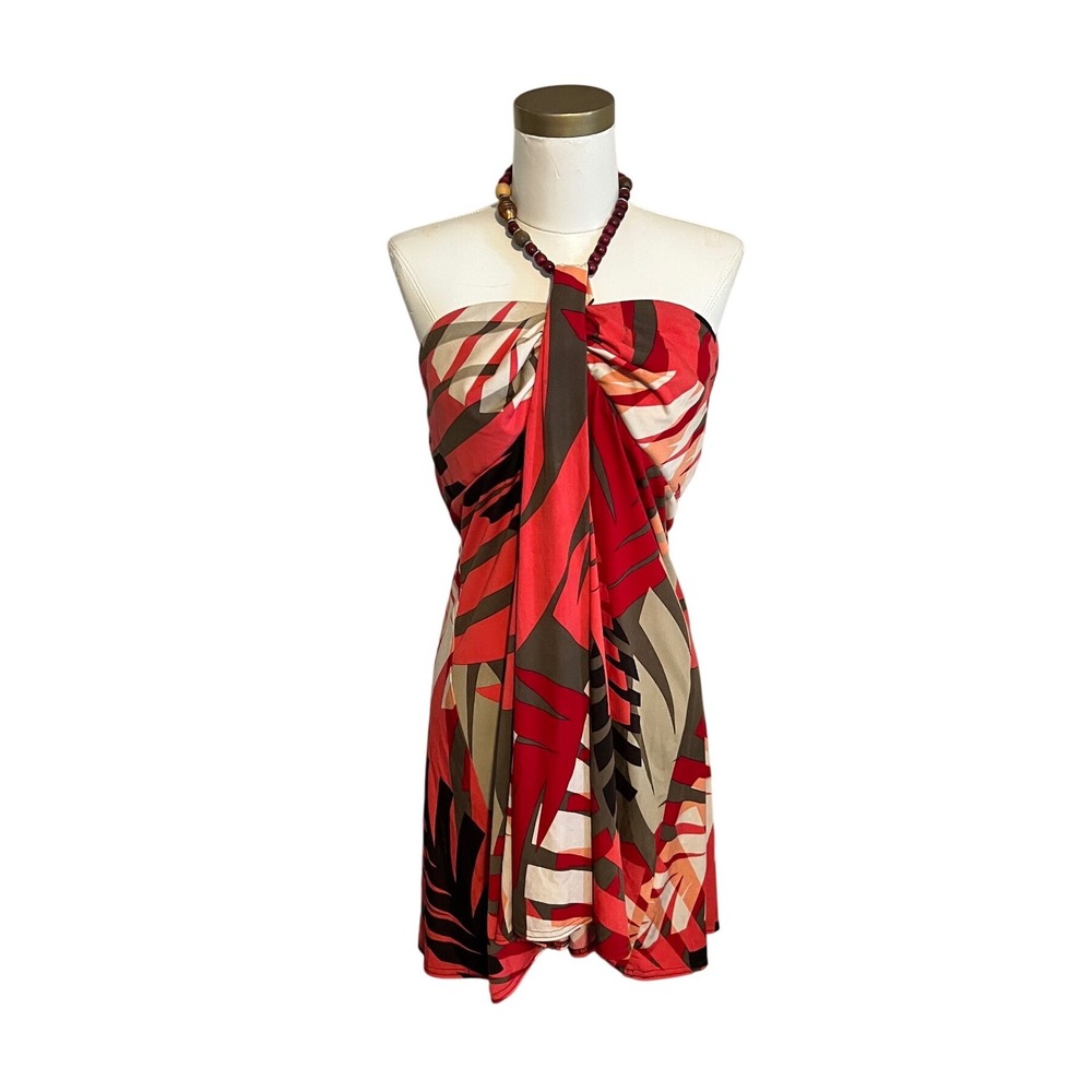 R&M Richards Womens Size 14 Tropical Beaded Halter Sarong Dress Red Orange Brown